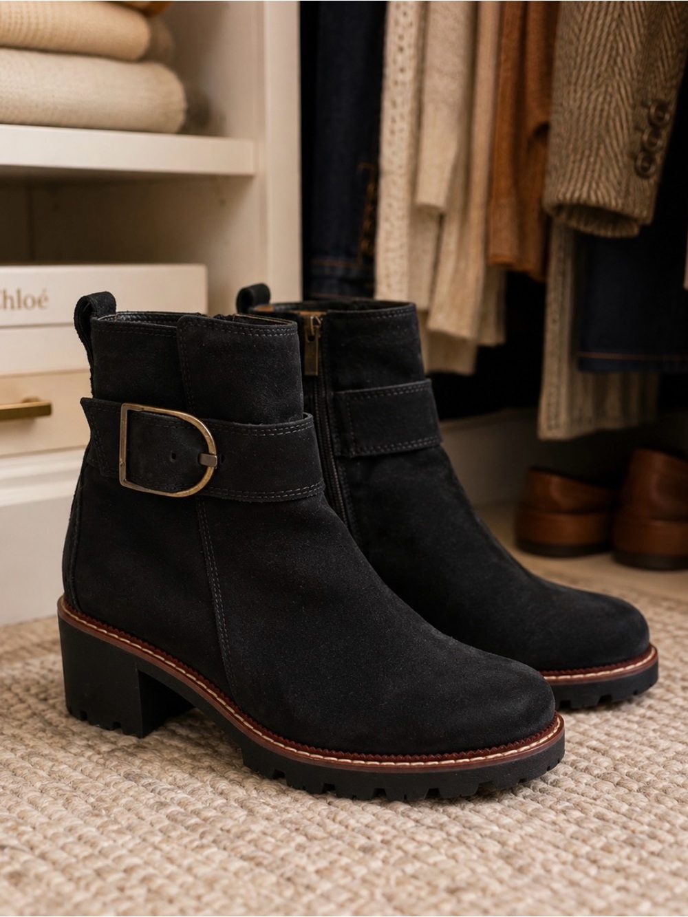 Paul Green Black Suede Buckle chunky heel Ankle Boots 4.5/7.5